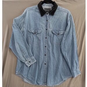 VTG Denim Shirt L Light Blue Gorpcore Corduroy Collar Workwear Button Up Chore